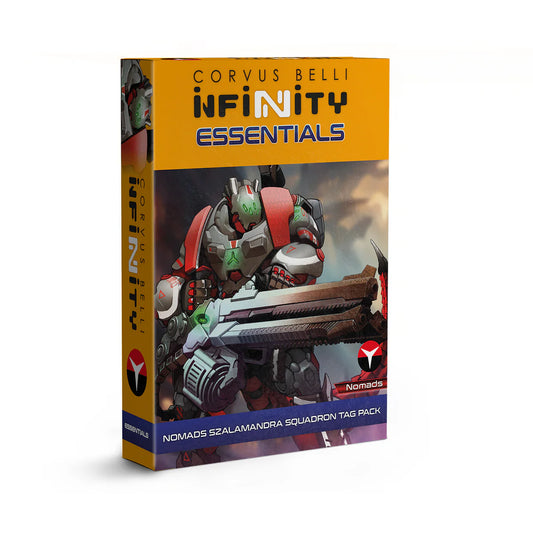 The box for the Infinity Essentials Nomads Szalamandra Squadron TAG Pack, showing the giant armoured Szalamandra TAG holding a large cannon.