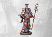 A close-up of the painted Old Dominion Archimandrite miniature from Conquest: Ashes and Faith, dressed in ornate purple robes and holding a tall staff.