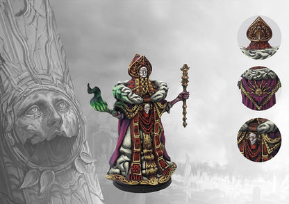 A fully painted Old Dominion Archimandrite miniature for Conquest, shown from the front with detail callouts of the ornate headdress, robes, and staff.