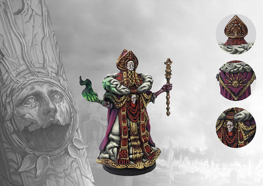 A fully painted Old Dominion Archimandrite miniature for Conquest, shown from the front with detail callouts of the ornate headdress, robes, and staff.