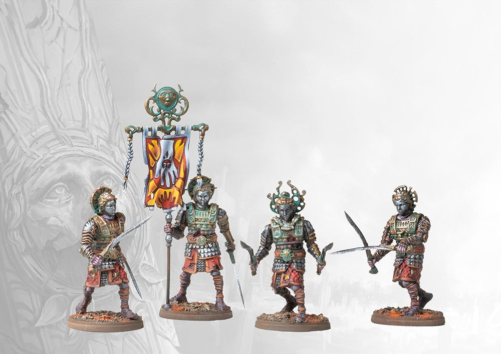 Four painted command models from the Old Dominion Athanatoi set, including a leader, standard bearer, and warriors with unique poses and dual swords.