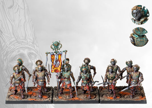A fully painted unit of twelve Old Dominion Athanatoi miniatures on square bases, featuring a standard bearer, intricate helmets, and twin blades.