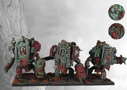 Three fully painted Old Dominion Bone Golem miniatures on square bases, depicted as large constructs made of bone and reliquaries, with skulls piled on top.