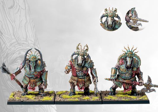 Three fully painted Old Dominion Buccephaloi miniatures on square bases, armed with heavy axes and wearing ornate, weathered bronze and teal armor.