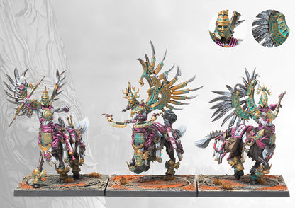 Three fully painted Old Dominion Centaur Kerykes miniatures on square bases, showcasing their ornate armor, large mechanical wings, and dynamic poses.