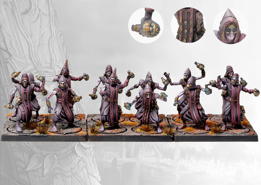 A fully painted unit of twelve Old Dominion Cultist miniatures for Conquest, shown on infantry stands with various poses, including multi-armed and masked options.
