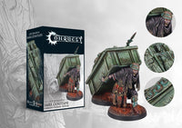 The product box and painted miniature for the Old Dominion Dark Cenotaph, a command upgrade showing an undead figure carrying a large stone sarcophagus.
