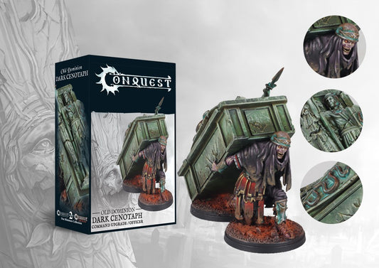 The product box and painted miniature for the Old Dominion Dark Cenotaph, a command upgrade showing an undead figure carrying a large stone sarcophagus.
