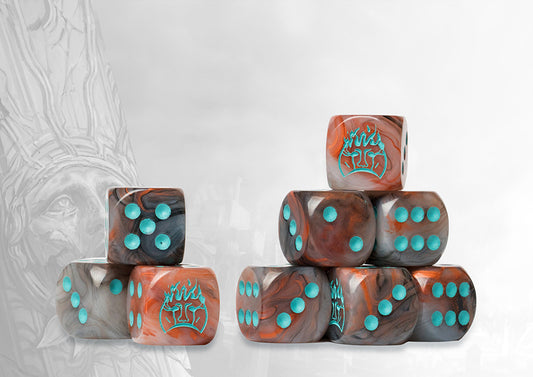 Stacks of brown and grey marbled dice for the Old Dominion faction in Conquest, featuring bright turquoise pips and a custom faction logo on the six-face.