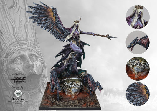 A painted Old Dominion Fallen Divinity Artisan Series miniature, with detailed callouts for the face, wing, hound, and ornate base.