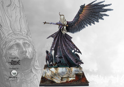 Rear view of the painted Fallen Divinity miniature, showcasing the immense detail on the large feathered wing, tattered cloak, and ruined base.