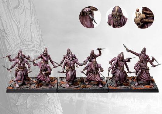 A fully painted unit of twelve Old Dominion Hashashin miniatures for Conquest, shown on infantry stands with various poses, including multi-armed and masked options.