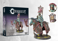 The product box and painted miniature for the Old Dominion Hetairos Officer, a mounted cavalry leader with a lance and heavily barded undead horse.