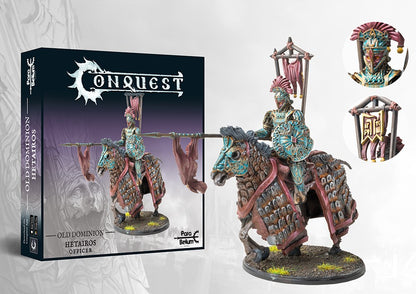 The product box and painted miniature for the Old Dominion Hetairos Officer, a mounted cavalry leader with a lance and heavily barded undead horse.