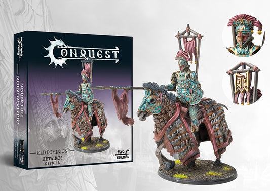The product box and painted miniature for the Old Dominion Hetairos Officer, a mounted cavalry leader with a lance and heavily barded undead horse.