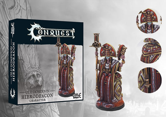 The product box and painted miniature for the Old Dominion Hierodeacon, a character in ornate red and gold robes holding a staff, with detail callouts.