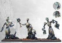 Three fully painted Old Dominion Kanephors miniatures on square bases, depicted as animated statues holding various ceremonial and bladed objects.