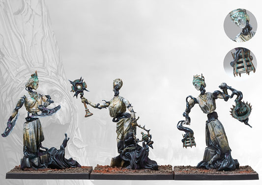 Three fully painted Old Dominion Kanephors miniatures on square bases, depicted as animated statues holding various ceremonial and bladed objects.