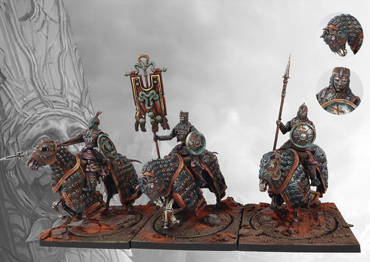 Three fully painted Old Dominion Kataphraktoi miniatures on square bases, featuring heavily barded skeletal horses, lances, shields, and a command standard.