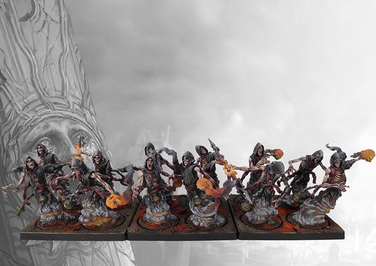 A fully painted unit of twelve Old Dominion Kheres miniatures on square bases, depicted as hooded spectral figures emerging from fiery smoke.