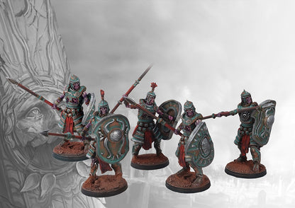 Five individual Old Dominion Legionnaires miniatures on round bases, showcasing different dynamic poses with Roman-style helmets, spears, and large shields.