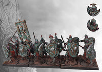 A fully painted unit of twelve Old Dominion Legionnaires miniatures on square bases, including a standard bearer, all equipped with spears and shields.