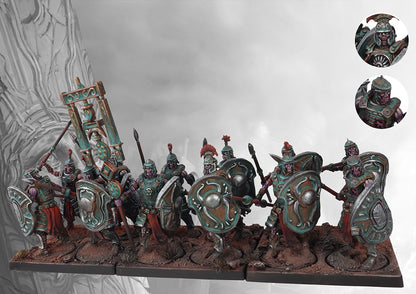 A fully painted unit of twelve Old Dominion Legionnaires miniatures on square bases, including a standard bearer, all equipped with spears and shields.