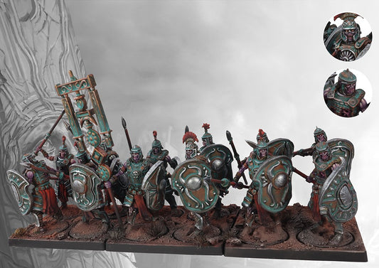 A fully painted unit of twelve Old Dominion Legionnaires miniatures on square bases, including a standard bearer, all equipped with spears and shields.