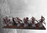 A fully painted unit of twelve Old Dominion Moroi miniatures on square bases, depicted as masked spectral figures armed with daggers and emerging from smoke.