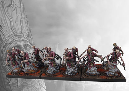A fully painted unit of twelve Old Dominion Moroi miniatures on square bases, depicted as masked spectral figures armed with daggers and emerging from smoke.