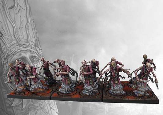 A fully painted unit of twelve Old Dominion Moroi miniatures on square bases, depicted as masked spectral figures armed with daggers and emerging from smoke.