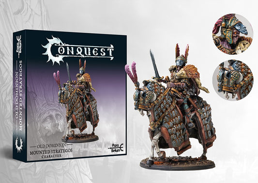 The product box and painted miniature of the Old Dominion Mounted Strategos, a cavalry character on a heavily barded undead horse with detail callouts.