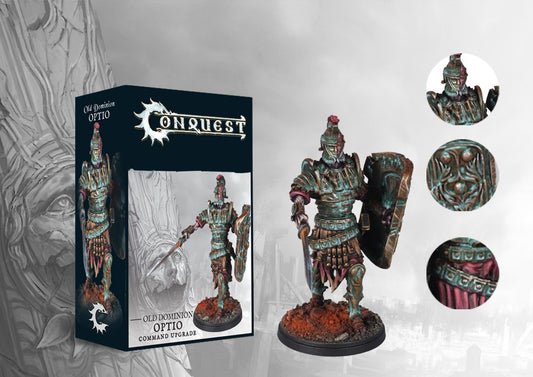 The product box and painted miniature for the Old Dominion Optio command upgrade, a heavily armored warrior with a sword and shield, with detail callouts.