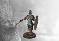 A fully painted Old Dominion Optio miniature for Conquest, depicted as a heavily armored undead warrior holding a longsword and a large tower shield.