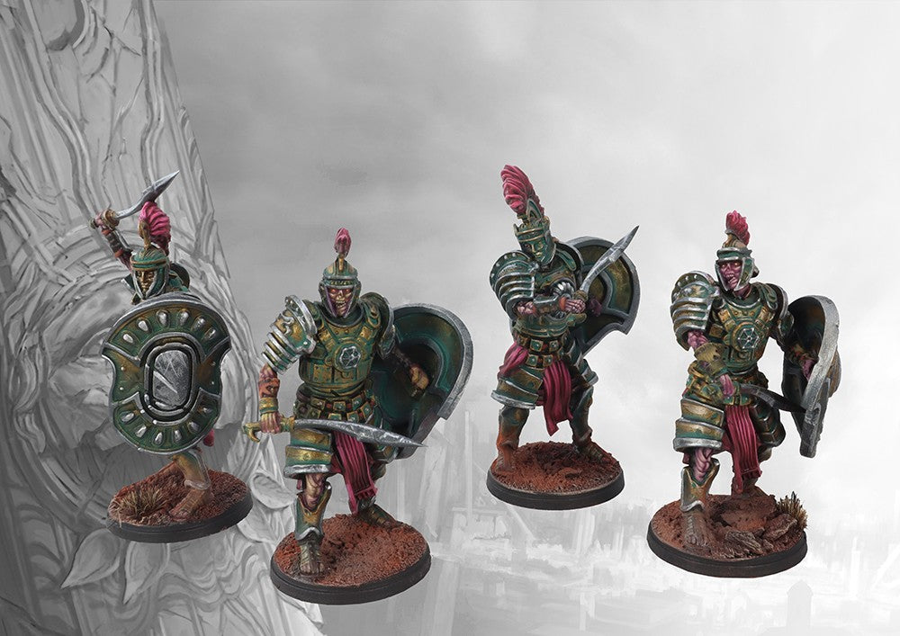 Four individual Old Dominion Praetorian Guard miniatures on round bases, showcasing different dynamic poses with crested helmets, swords, and large shields.