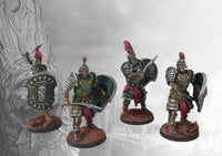 Four individual Old Dominion Praetorian Guard miniatures on round bases, showcasing different dynamic poses with crested helmets, swords, and large shields.