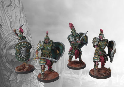 Four individual Old Dominion Praetorian Guard miniatures on round bases, showcasing different dynamic poses with crested helmets, swords, and large shields.