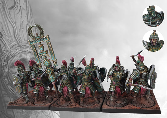 A fully painted unit of twelve Old Dominion Praetorian Guard miniatures on square bases, including a standard bearer, all in heavy Roman-style armor.