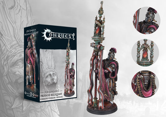 The product box and painted miniature for the Old Dominion Profane Reliquary command upgrade, showing a warrior holding an ornate standard, with detail callouts.