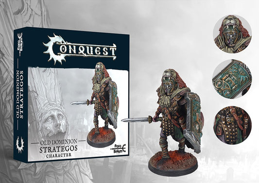 The product box and painted miniature for the Old Dominion Strategos character, a warrior wearing a lion pelt headdress, with detail callouts.