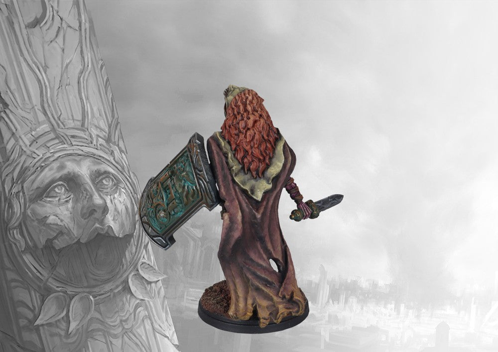 A rear view of the painted Old Dominion Strategos miniature, showing the back of the lion pelt cloak, sword, and ornate shield.