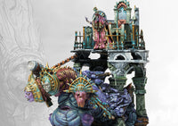 A fully painted Old Dominion Theokrator monster miniature, featuring a robed figure on a gothic stone throne carried by a grotesque, multi-limbed beast.