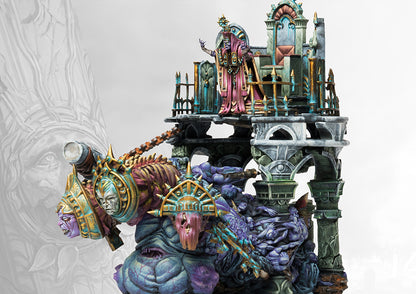 A fully painted Old Dominion Theokrator monster miniature, featuring a robed figure on a gothic stone throne carried by a grotesque, multi-limbed beast.