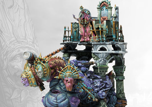 A fully painted Old Dominion Theokrator monster miniature, featuring a robed figure on a gothic stone throne carried by a grotesque, multi-limbed beast.