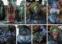 A collage of close-up photos showcasing the fine details of the painted Old Dominion Theokrator model, including the rider, monstrous faces, and sculpted bodies.