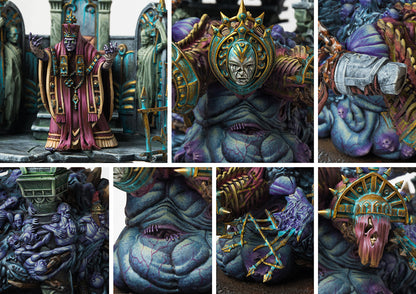 A collage of close-up photos showcasing the fine details of the painted Old Dominion Theokrator model, including the rider, monstrous faces, and sculpted bodies.