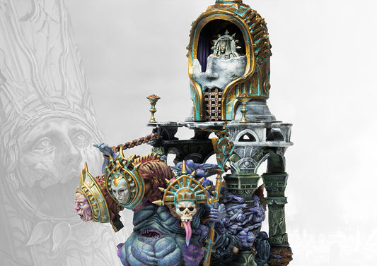 A fully painted Old Dominion Unhallowed Sepulchre miniature for Conquest, featuring a monstrous beast pulling a large, ornate shrine on a stone platform.A fully painted Old Dominion Unhallowed Sepulchre miniature for Conquest, featuring a monstrous beast pulling a large, ornate shrine on a stone platform.