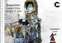 A scale comparison photo of the massive Unhallowed Sepulchre model, showing its height of 20cm and length of 31.5cm next to a 5cm infantry figure.