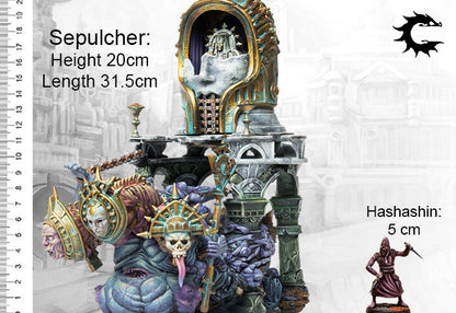 A scale comparison photo of the massive Unhallowed Sepulchre model, showing its height of 20cm and length of 31.5cm next to a 5cm infantry figure.