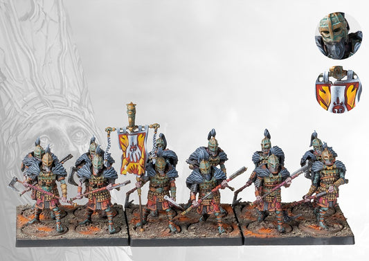 A fully painted unit of twelve Old Dominion Varangian Guard miniatures on square bases, featuring a standard bearer, intricate helmets, and heavy axes.